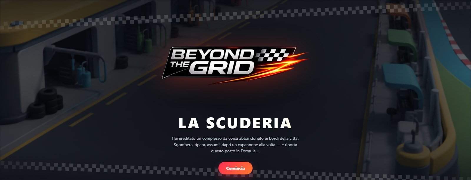 La schermata d'apertura de La Scuderia: il garage abbandonato da cui si parte